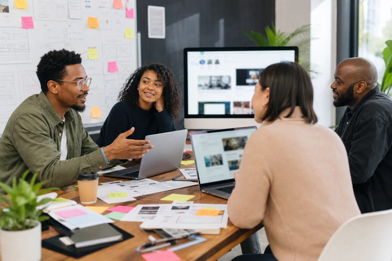 A web design agency team collaborating around website designs in a modern South African office