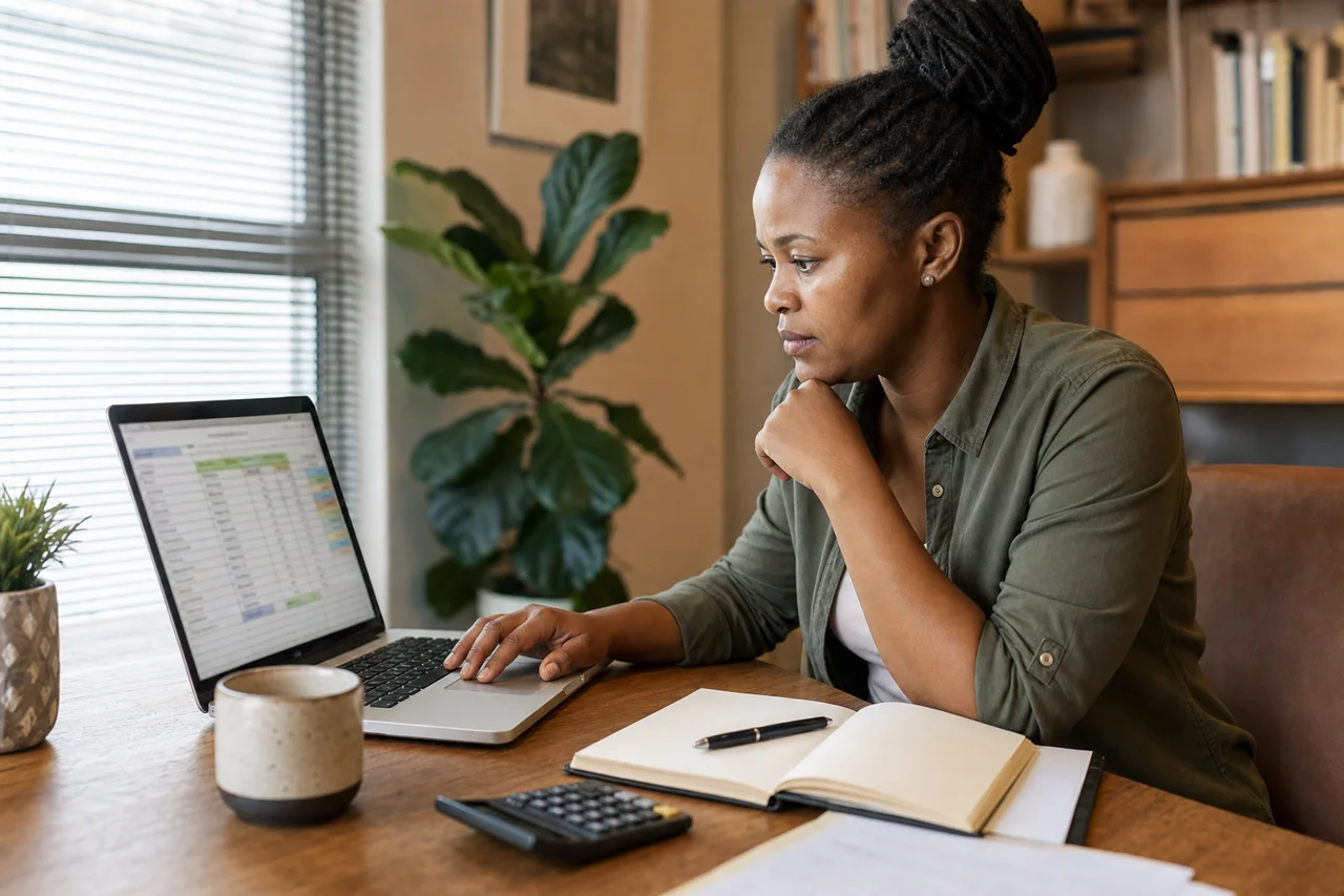 A South African business owner reviewing web design costs and budget on a laptop with a calculator and notes