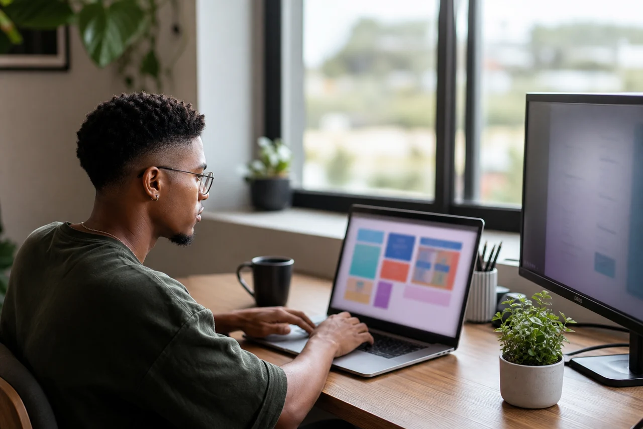 A freelance web designer working alone at a laptop in a bright home office in South Africa